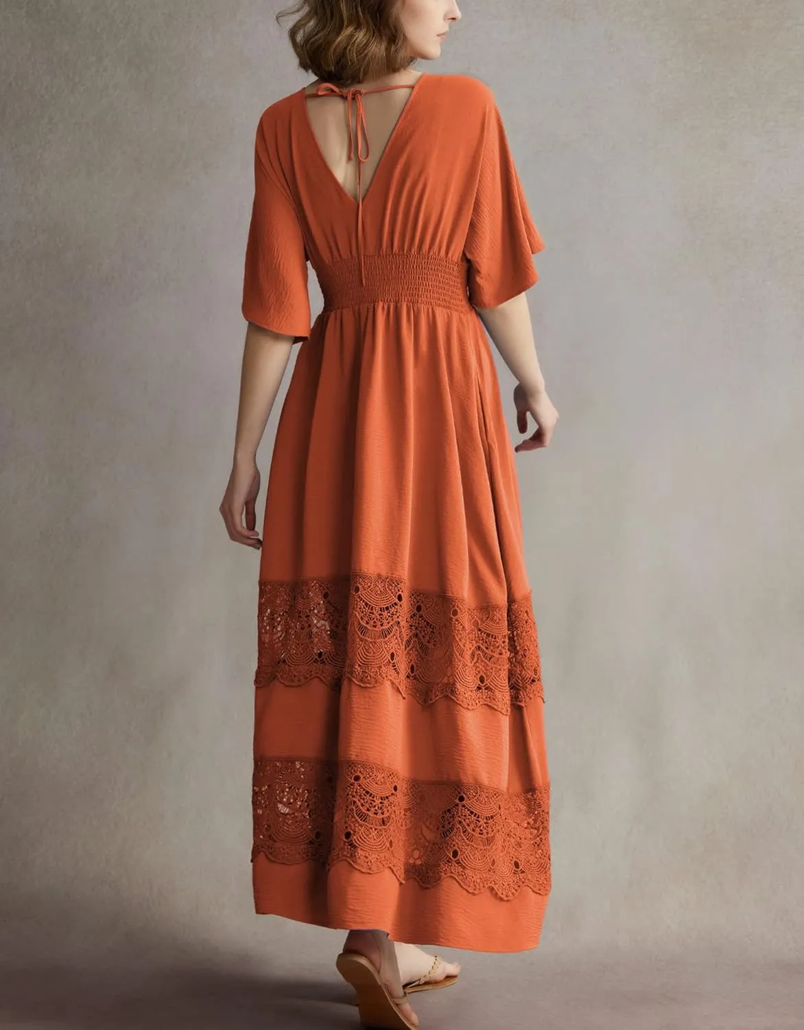 Women's Lace Maxi Dress Short Sleeve V Neck Party Dress Smocked Waist Boho Maxi Dress Bohemian Dress for Women