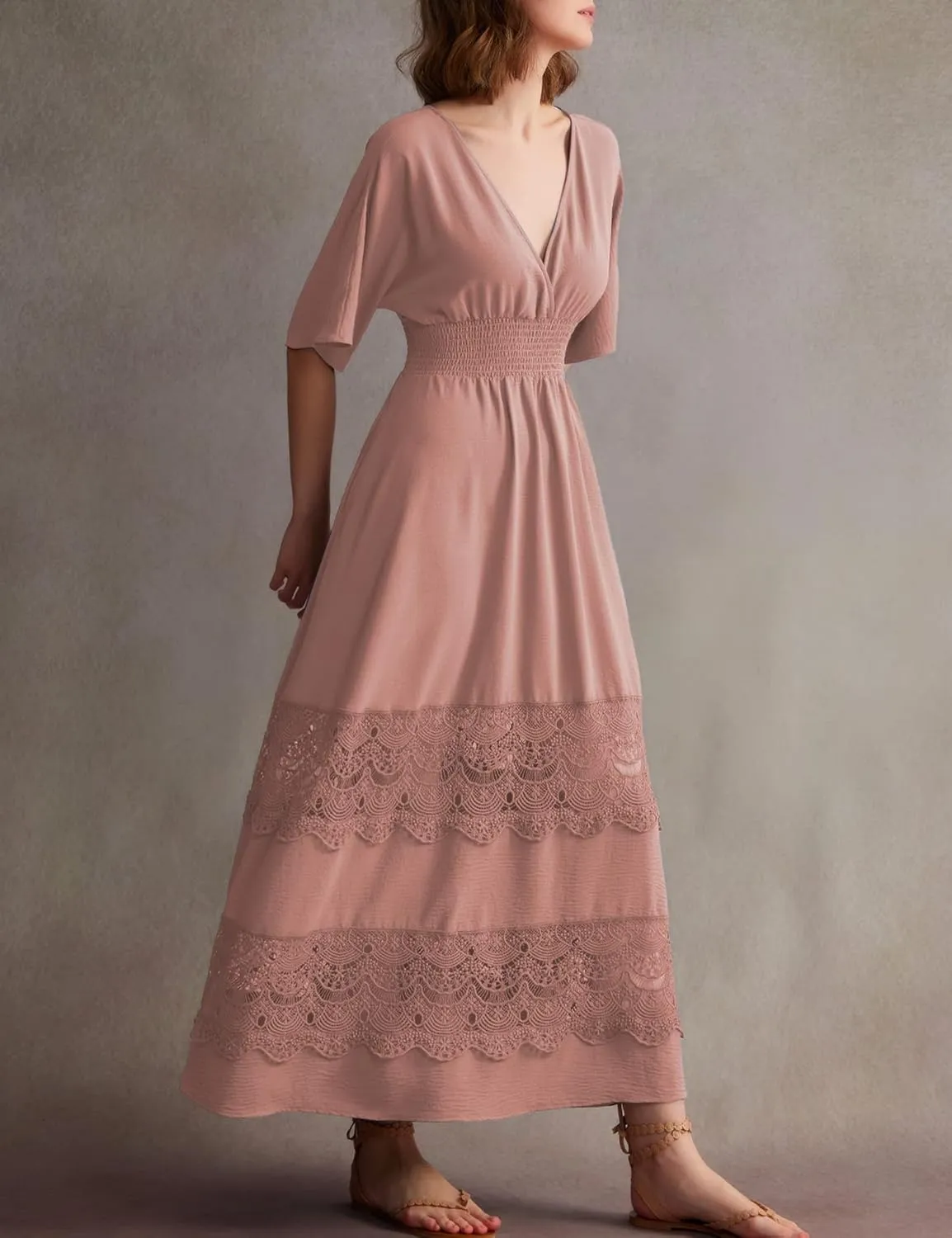 Women's Lace Maxi Dress Short Sleeve V Neck Party Dress Smocked Waist Boho Maxi Dress Bohemian Dress for Women