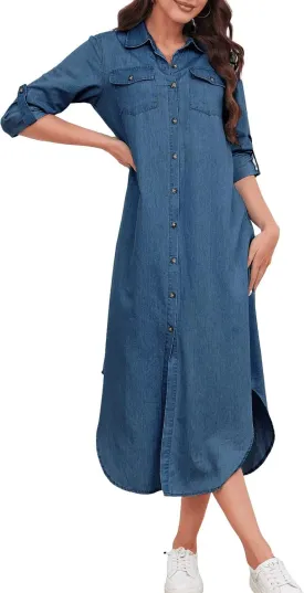Women's Long Sleeve Denim Midi Shirt Dress