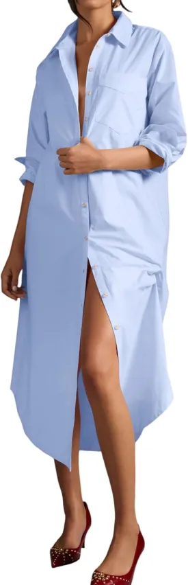 Women's Long Sleeve Denim Midi Shirt Dress
