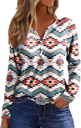 Womens Long Sleeve T Shirts Aztec Cow Print Western Henley Tops Ladies Graphic Tees Casual V Neck Loose Fit Blouse
