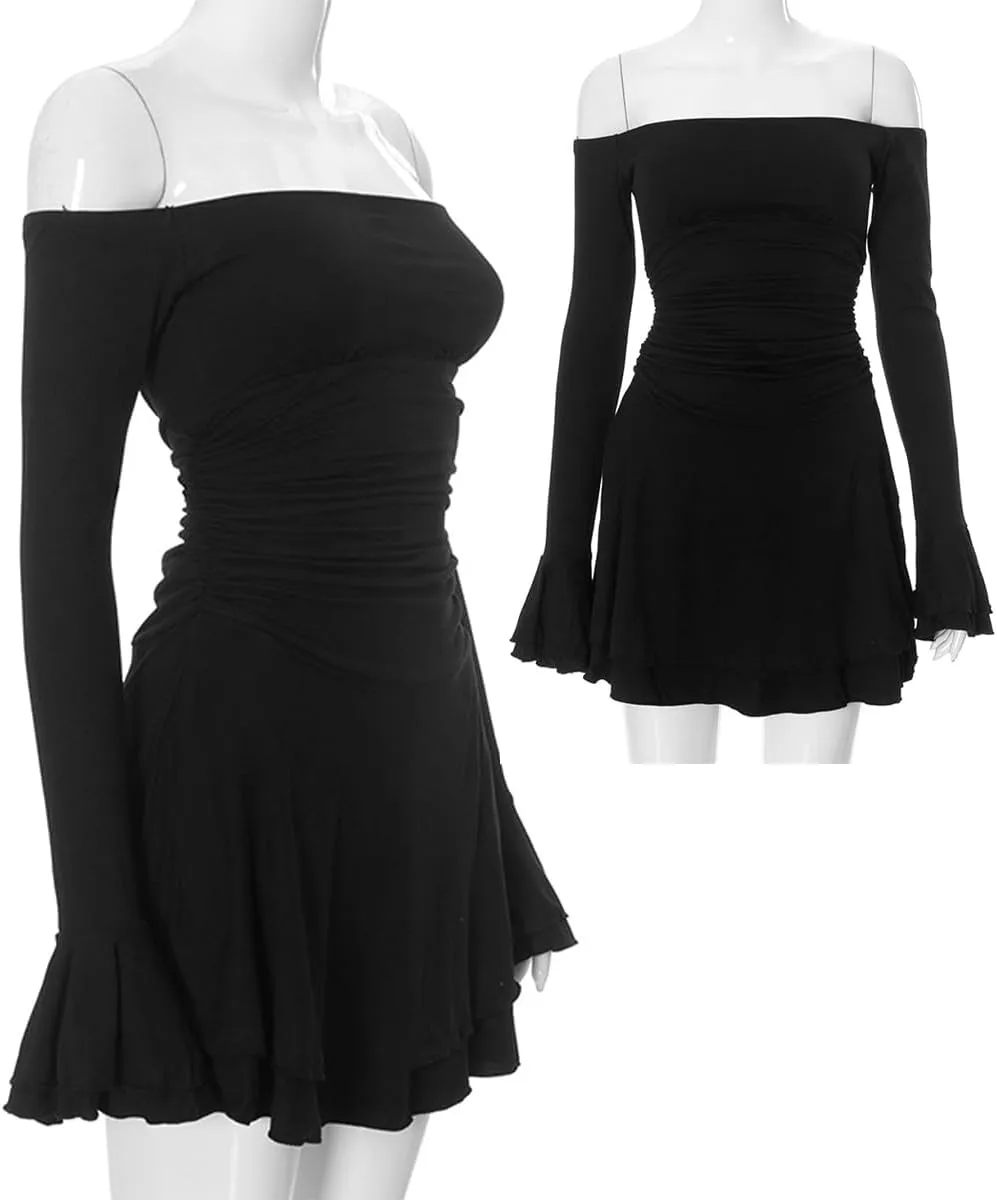 Women's Off Shoulder Long Sleeve Tube Dress Sexy Ruffle Y2K Tiered Flowy Bodycon Cocktail Party Formal Mini Dresses