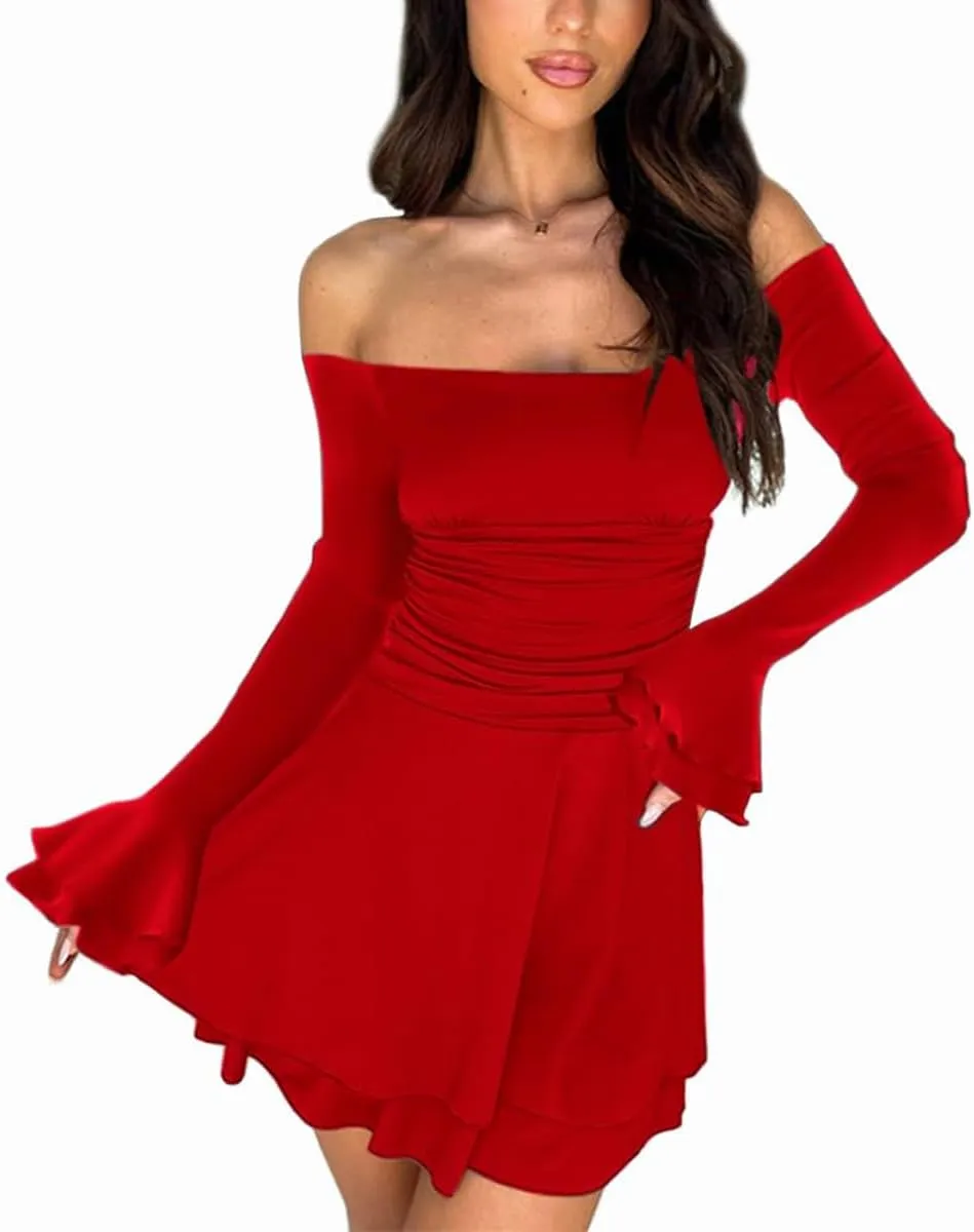 Women's Off Shoulder Long Sleeve Tube Dress Sexy Ruffle Y2K Tiered Flowy Bodycon Cocktail Party Formal Mini Dresses