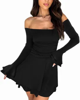 Women's Off Shoulder Long Sleeve Tube Dress Sexy Ruffle Y2K Tiered Flowy Bodycon Cocktail Party Formal Mini Dresses