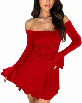 Women's Off Shoulder Long Sleeve Tube Dress Sexy Ruffle Y2K Tiered Flowy Bodycon Cocktail Party Formal Mini Dresses