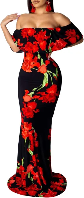 Women's Off Shoulder Maxi Dress Sexy Hawaiian Floral Long Party Dresses