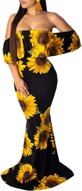 Women's Off Shoulder Maxi Dress Sexy Hawaiian Floral Long Party Dresses