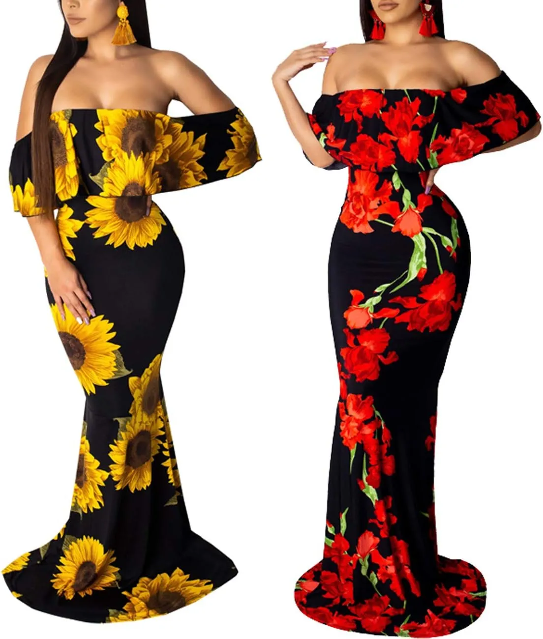 Women's Off Shoulder Maxi Dress Sexy Hawaiian Floral Long Party Dresses