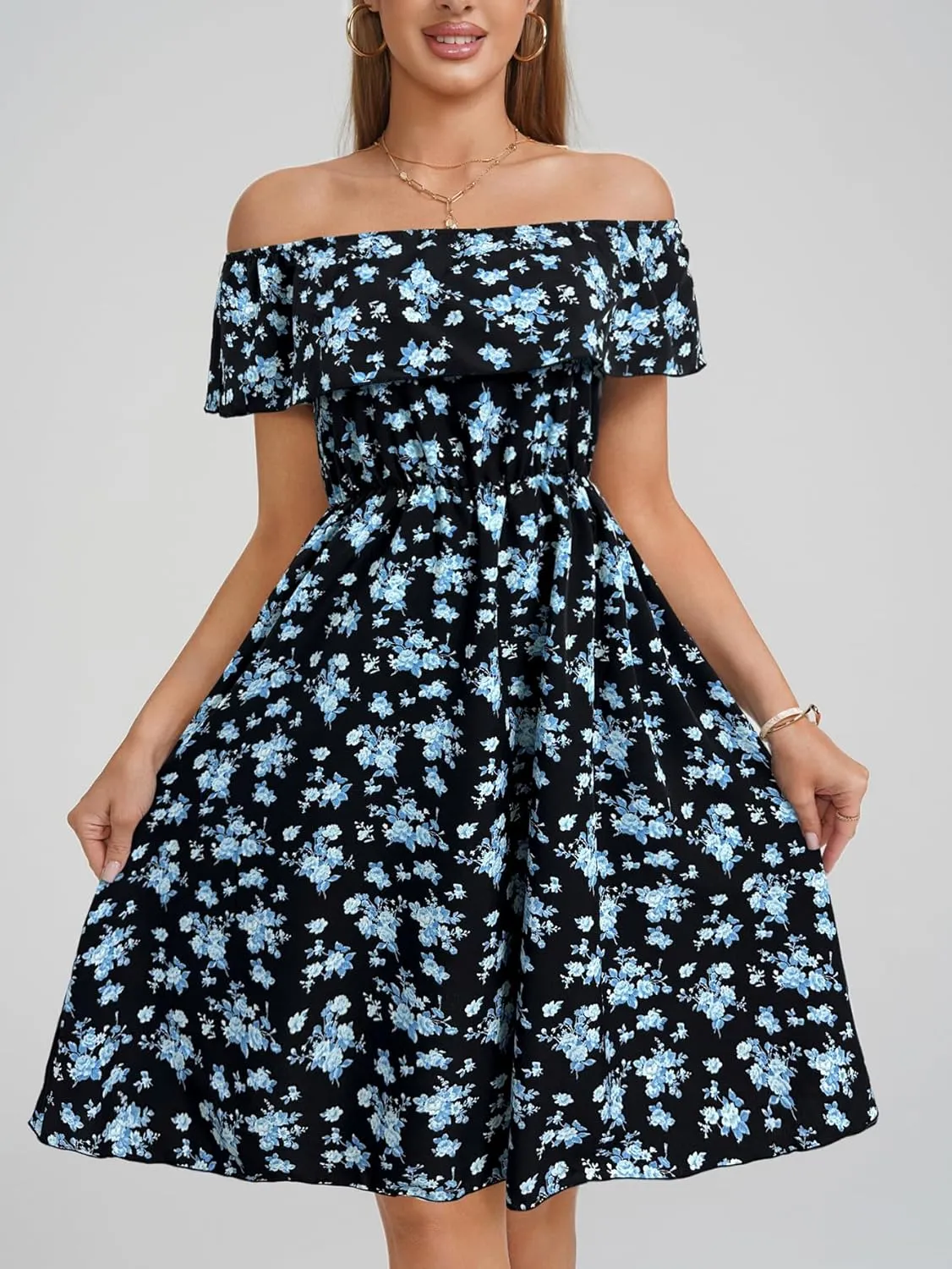 Womens Off Shoulder Ruffle Floral Wedding Guest Dresses A Line Shift Short Skater Dress