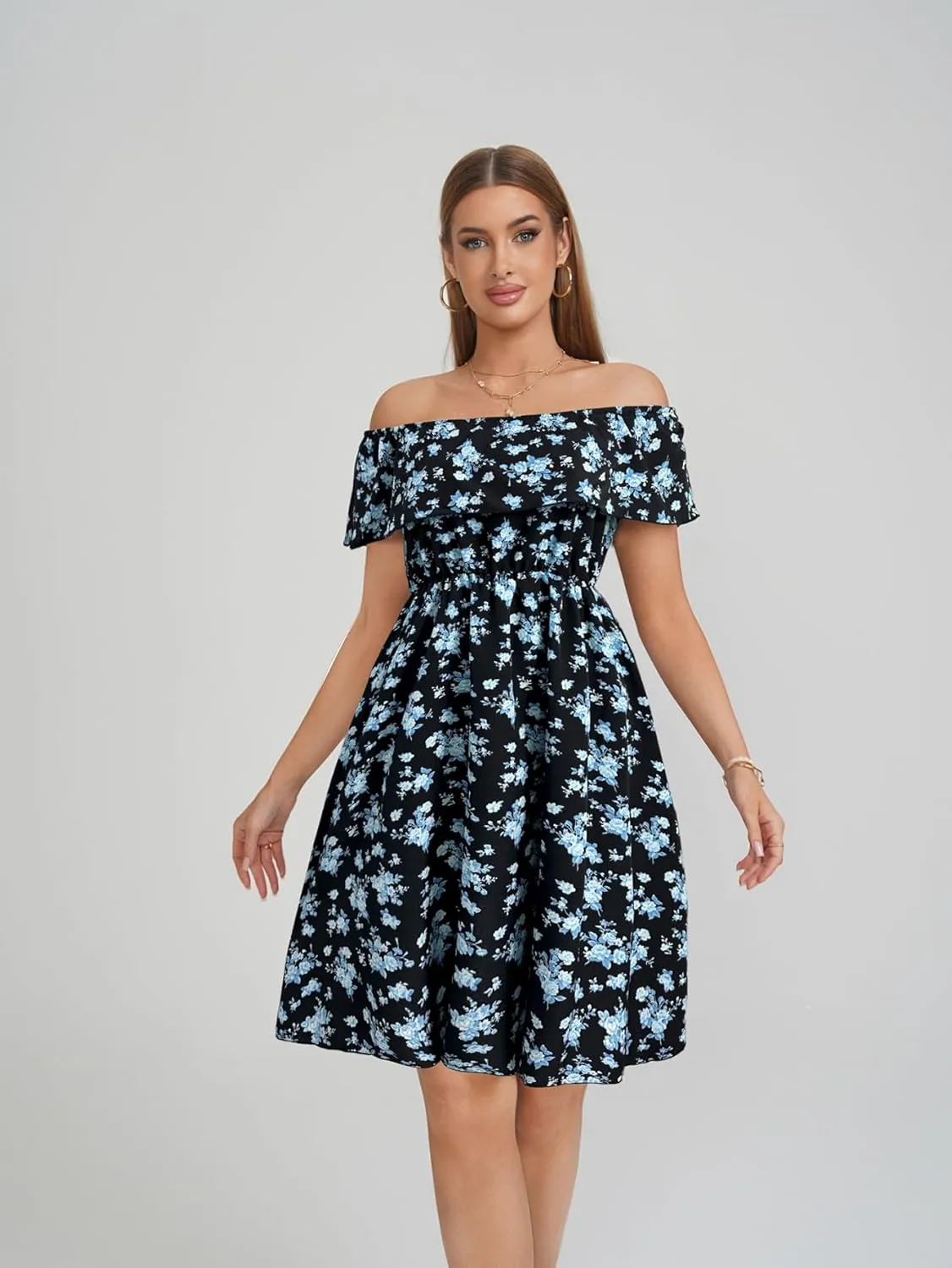 Womens Off Shoulder Ruffle Floral Wedding Guest Dresses A Line Shift Short Skater Dress