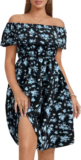 Womens Off Shoulder Ruffle Floral Wedding Guest Dresses A Line Shift Short Skater Dress