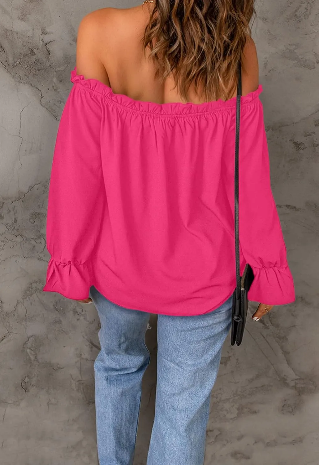 Women's Off Shoulder Top Ruffle Long Sleeve Chiffon Blouse Casual Loose Shirts