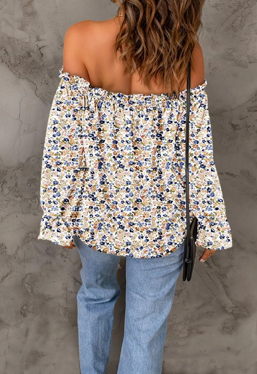 Women's Off Shoulder Top Ruffle Long Sleeve Chiffon Blouse Casual Loose Shirts