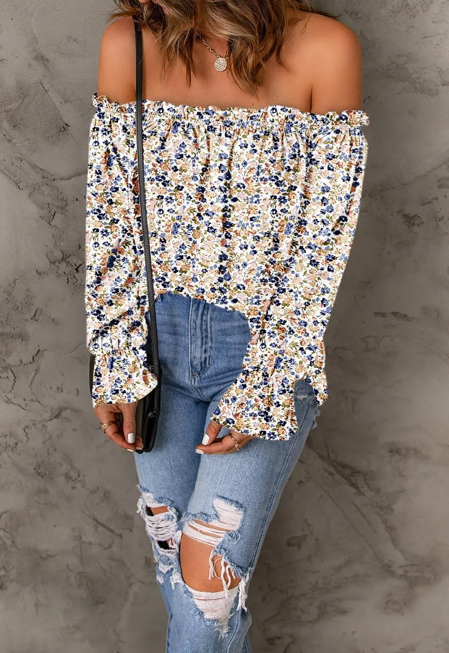 Women's Off Shoulder Top Ruffle Long Sleeve Chiffon Blouse Casual Loose Shirts