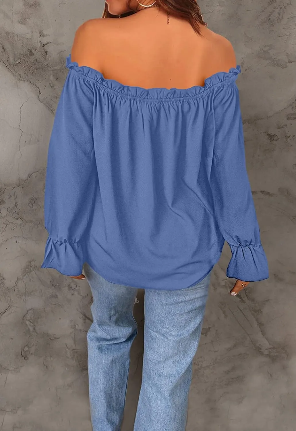 Women's Off Shoulder Top Ruffle Long Sleeve Chiffon Blouse Casual Loose Shirts