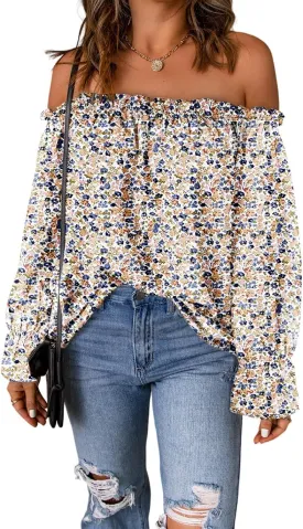 Women's Off Shoulder Top Ruffle Long Sleeve Chiffon Blouse Casual Loose Shirts