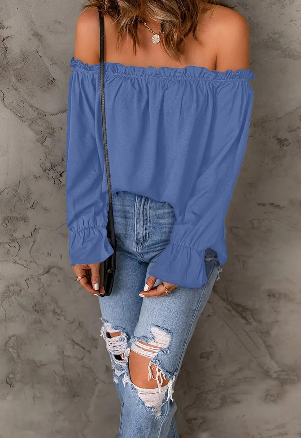 Women's Off Shoulder Top Ruffle Long Sleeve Chiffon Blouse Casual Loose Shirts