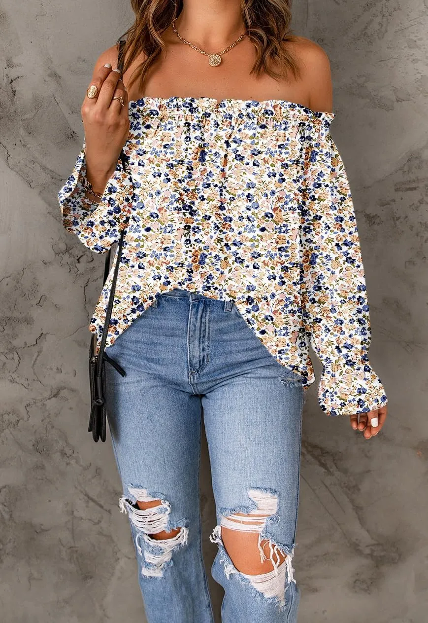 Women's Off Shoulder Top Ruffle Long Sleeve Chiffon Blouse Casual Loose Shirts