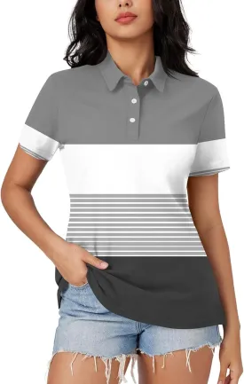 Women's Polo Shirts Short Sleeve Comfortable Breathable Wicking Shirt Solid Colour Stripe 3 Buttons Lapels Casual Tops