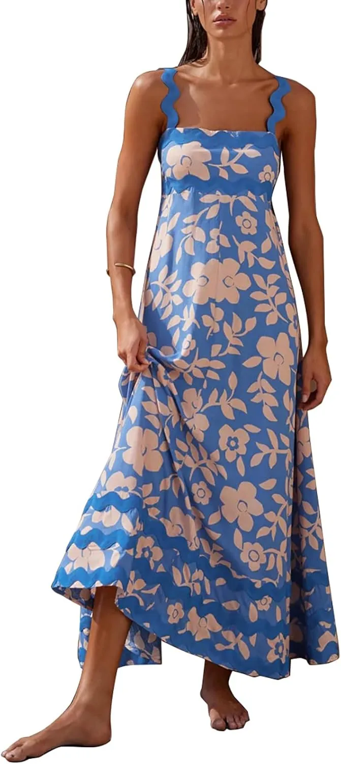 Women's Rickrack Trim Spaghetti Strap Square Neck Boho Maxi Dress Sleeveless Long Beach A-Line Sundress