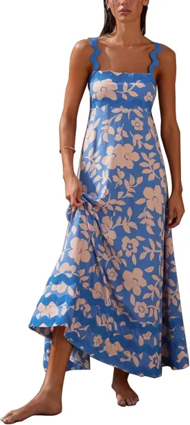 Women's Rickrack Trim Spaghetti Strap Square Neck Boho Maxi Dress Sleeveless Long Beach A-Line Sundress
