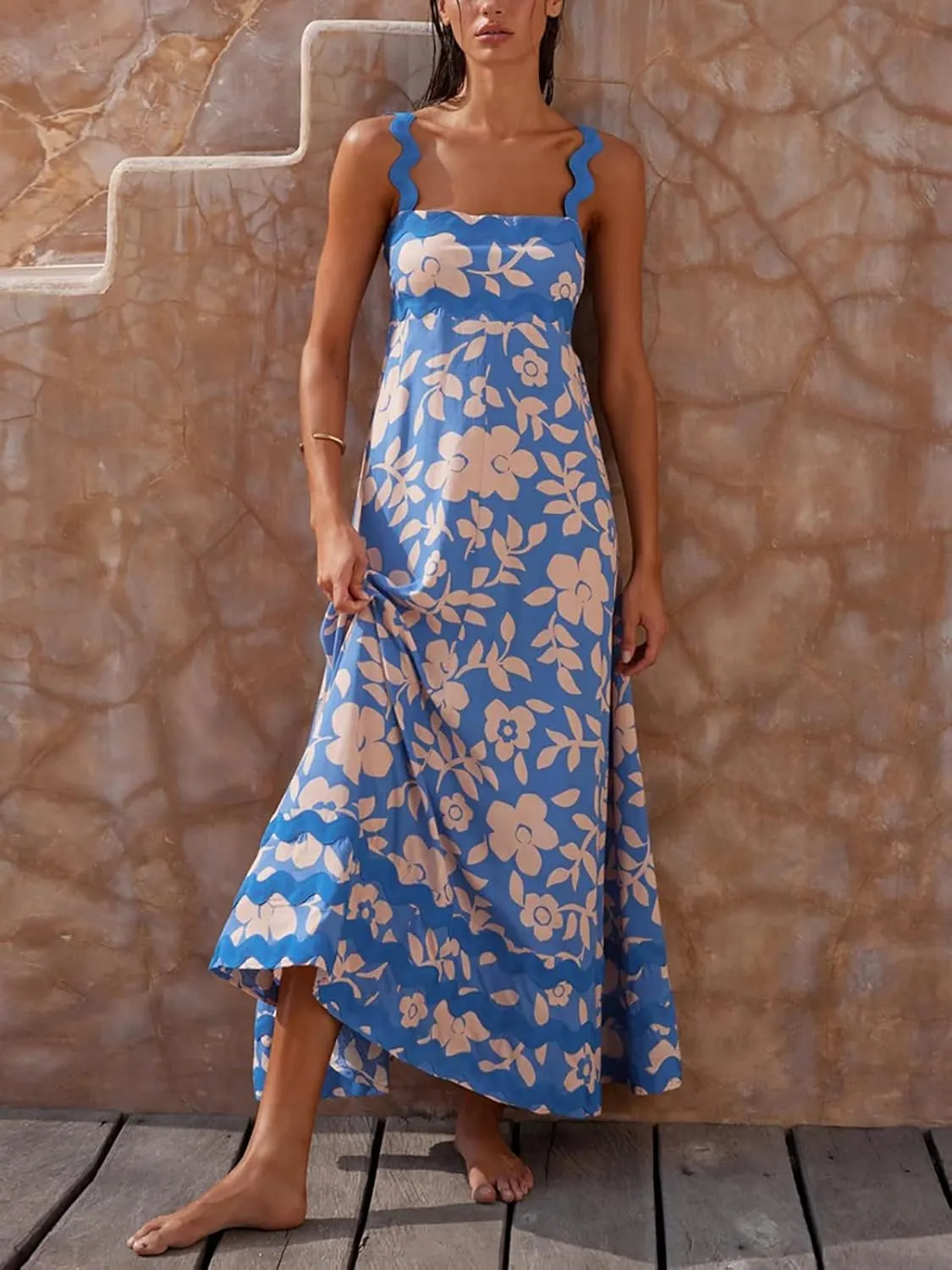 Women's Rickrack Trim Spaghetti Strap Square Neck Boho Maxi Dress Sleeveless Long Beach A-Line Sundress