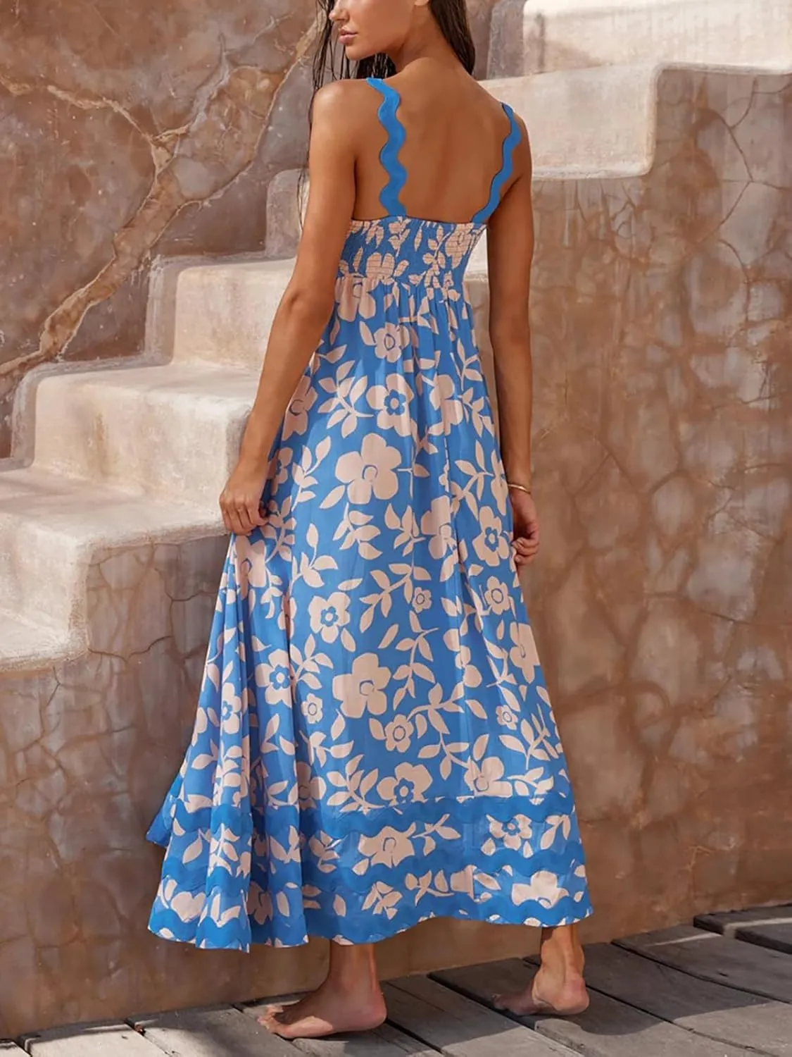 Women's Rickrack Trim Spaghetti Strap Square Neck Boho Maxi Dress Sleeveless Long Beach A-Line Sundress