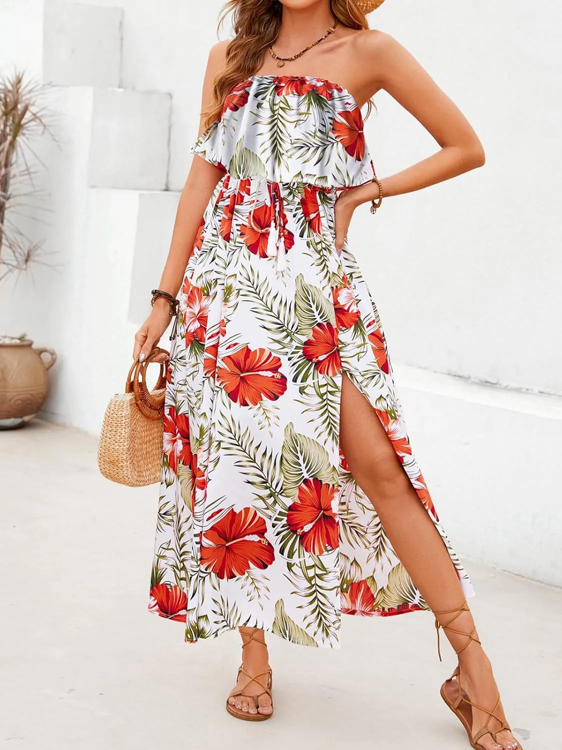 Women's Ruffle Floral Maxi Summer Casual Dress Off Shoulder Wedding Guest Slit Hem Beach Prom Dresses
