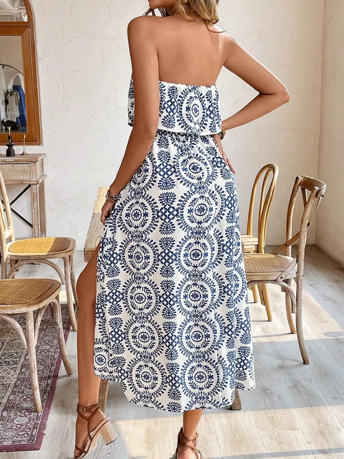 Women's Ruffle Floral Maxi Summer Casual Dress Off Shoulder Wedding Guest Slit Hem Beach Prom Dresses