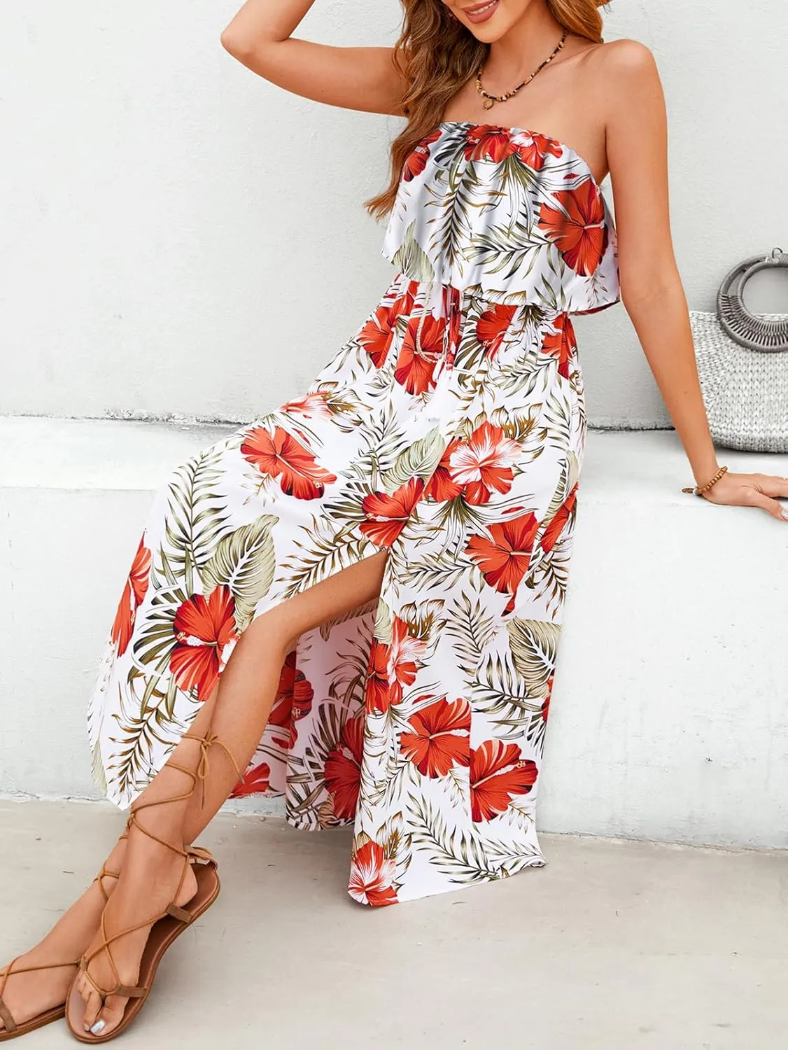 Women's Ruffle Floral Maxi Summer Casual Dress Off Shoulder Wedding Guest Slit Hem Beach Prom Dresses