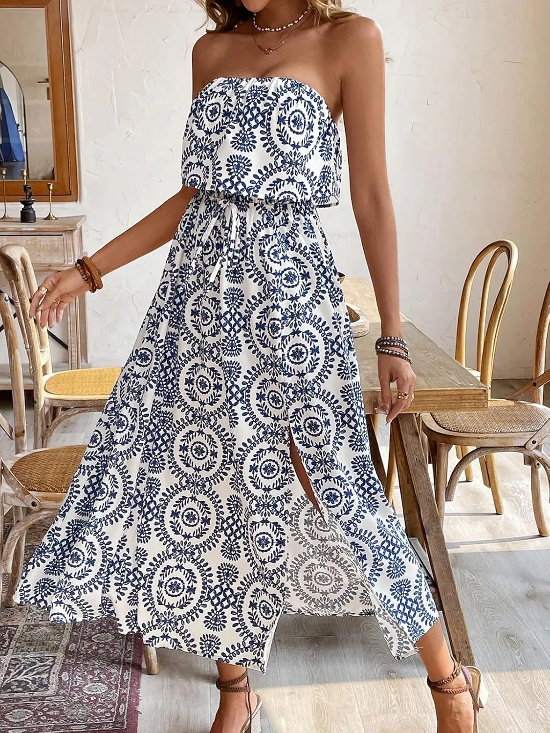 Women's Ruffle Floral Maxi Summer Casual Dress Off Shoulder Wedding Guest Slit Hem Beach Prom Dresses