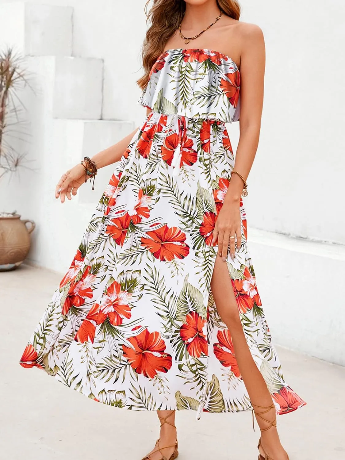 Women's Ruffle Floral Maxi Summer Casual Dress Off Shoulder Wedding Guest Slit Hem Beach Prom Dresses