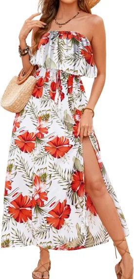 Women's Ruffle Floral Maxi Summer Casual Dress Off Shoulder Wedding Guest Slit Hem Beach Prom Dresses