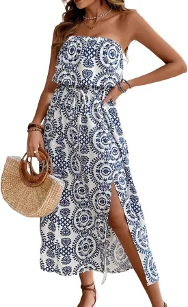 Women's Ruffle Floral Maxi Summer Casual Dress Off Shoulder Wedding Guest Slit Hem Beach Prom Dresses