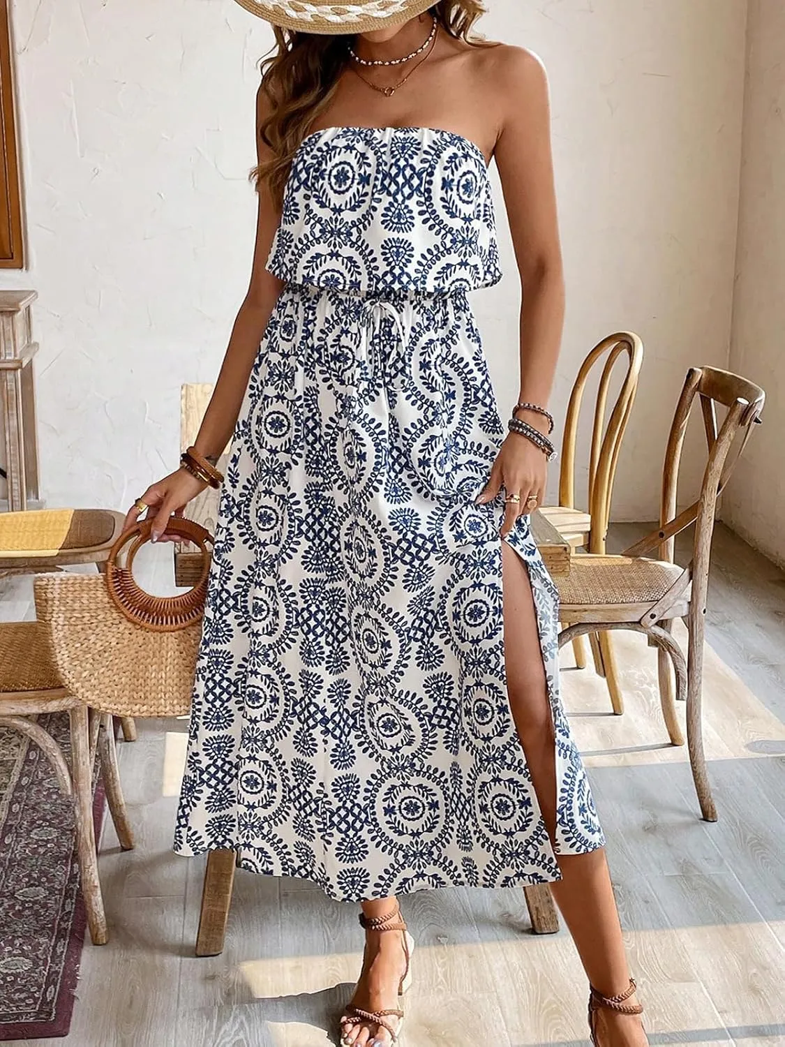 Women's Ruffle Floral Maxi Summer Casual Dress Off Shoulder Wedding Guest Slit Hem Beach Prom Dresses