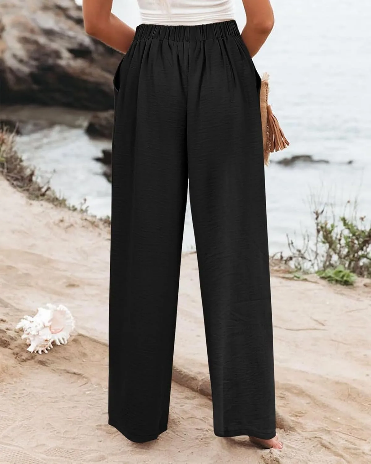 Women's Solid Color Casual High Waisted Buttoned Elastic Pocket Wide Leg Straight Dressy Loose Fit Pants