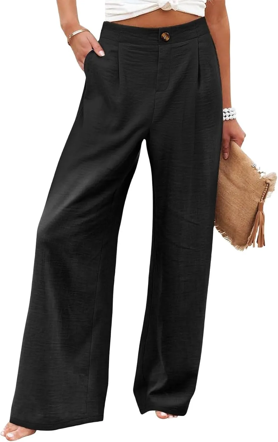 Women's Solid Color Casual High Waisted Buttoned Elastic Pocket Wide Leg Straight Dressy Loose Fit Pants