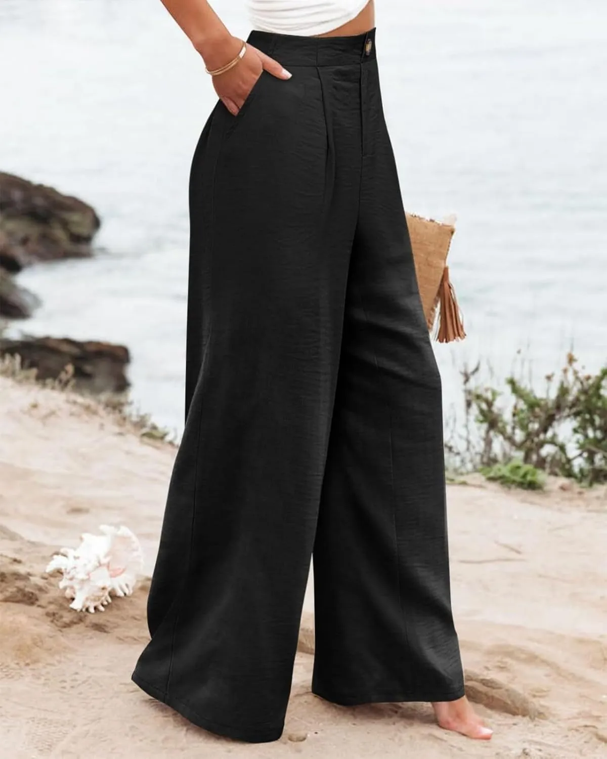 Women's Solid Color Casual High Waisted Buttoned Elastic Pocket Wide Leg Straight Dressy Loose Fit Pants