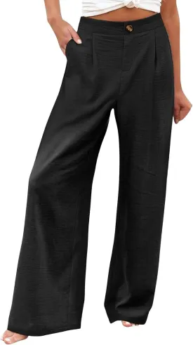 Women's Solid Color Casual High Waisted Buttoned Elastic Pocket Wide Leg Straight Dressy Loose Fit Pants