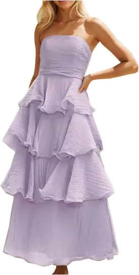 Women's Summer Boho Sleeveless Maxi Dress Off Shoulder Tube Ruffle Tiered Layered Swing Long Beach Vacation Dresses