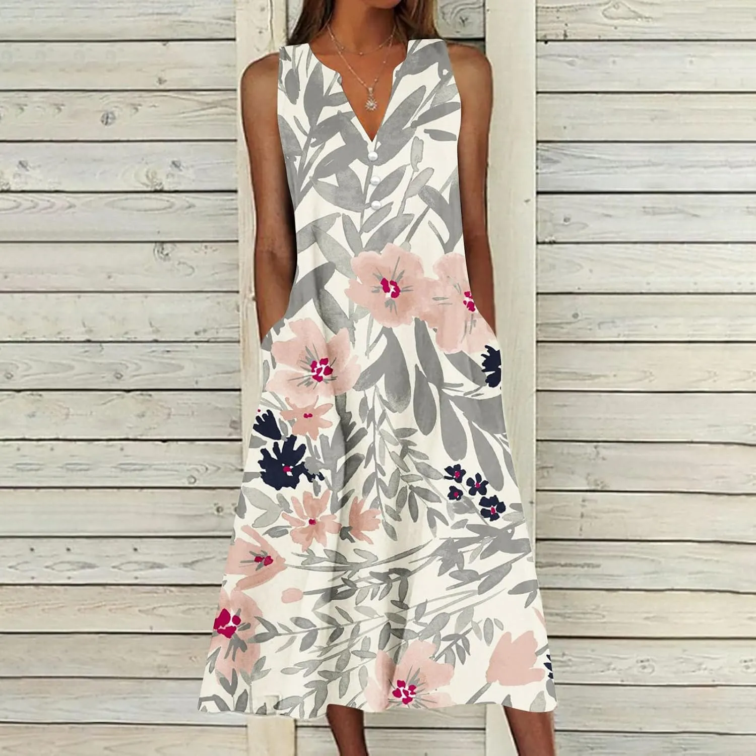 Women's Summer Design Casual Dress Sleeveless V-Neck Dress with Pockets Loose Flowy Swing Pleated Long Beach Dress