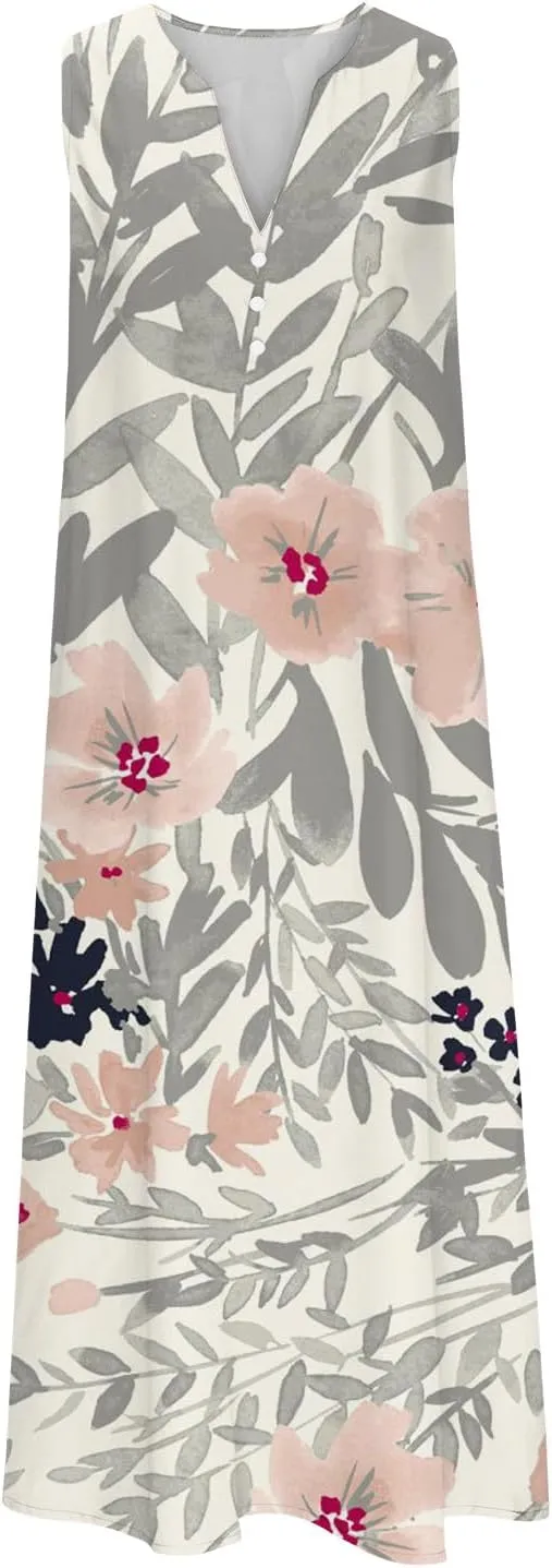 Women's Summer Design Casual Dress Sleeveless V-Neck Dress with Pockets Loose Flowy Swing Pleated Long Beach Dress