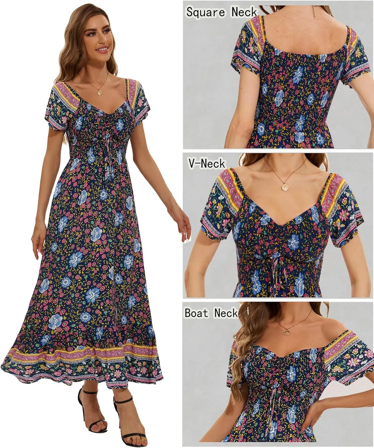 Women's Summer Floral Maxi Dress Casual Short Sleeve Flowy Boho Beach Party Long Dress