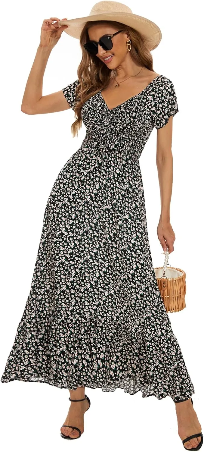 Women's Summer Floral Maxi Dress Casual Short Sleeve Flowy Boho Beach Party Long Dress