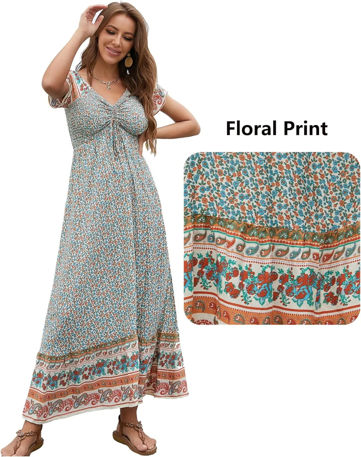Women's Summer Floral Maxi Dress Casual Short Sleeve Flowy Boho Beach Party Long Dress