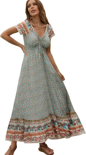 Women's Summer Floral Maxi Dress Casual Short Sleeve Flowy Boho Beach Party Long Dress