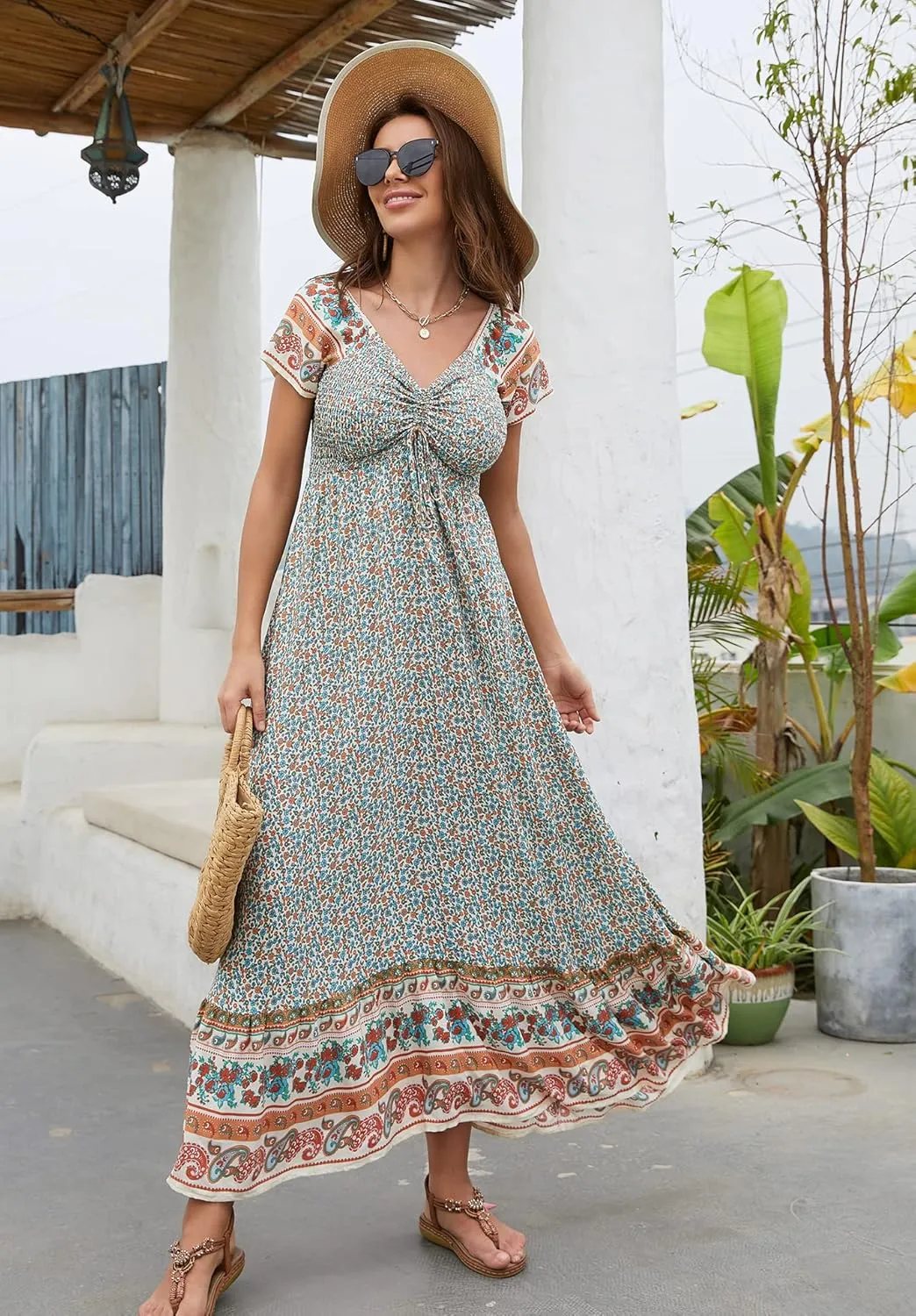 Women's Summer Floral Maxi Dress Casual Short Sleeve Flowy Boho Beach Party Long Dress