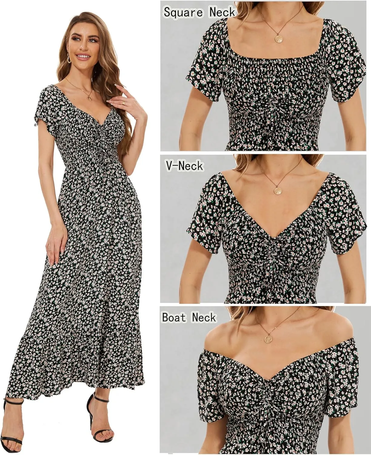 Women's Summer Floral Maxi Dress Casual Short Sleeve Flowy Boho Beach Party Long Dress