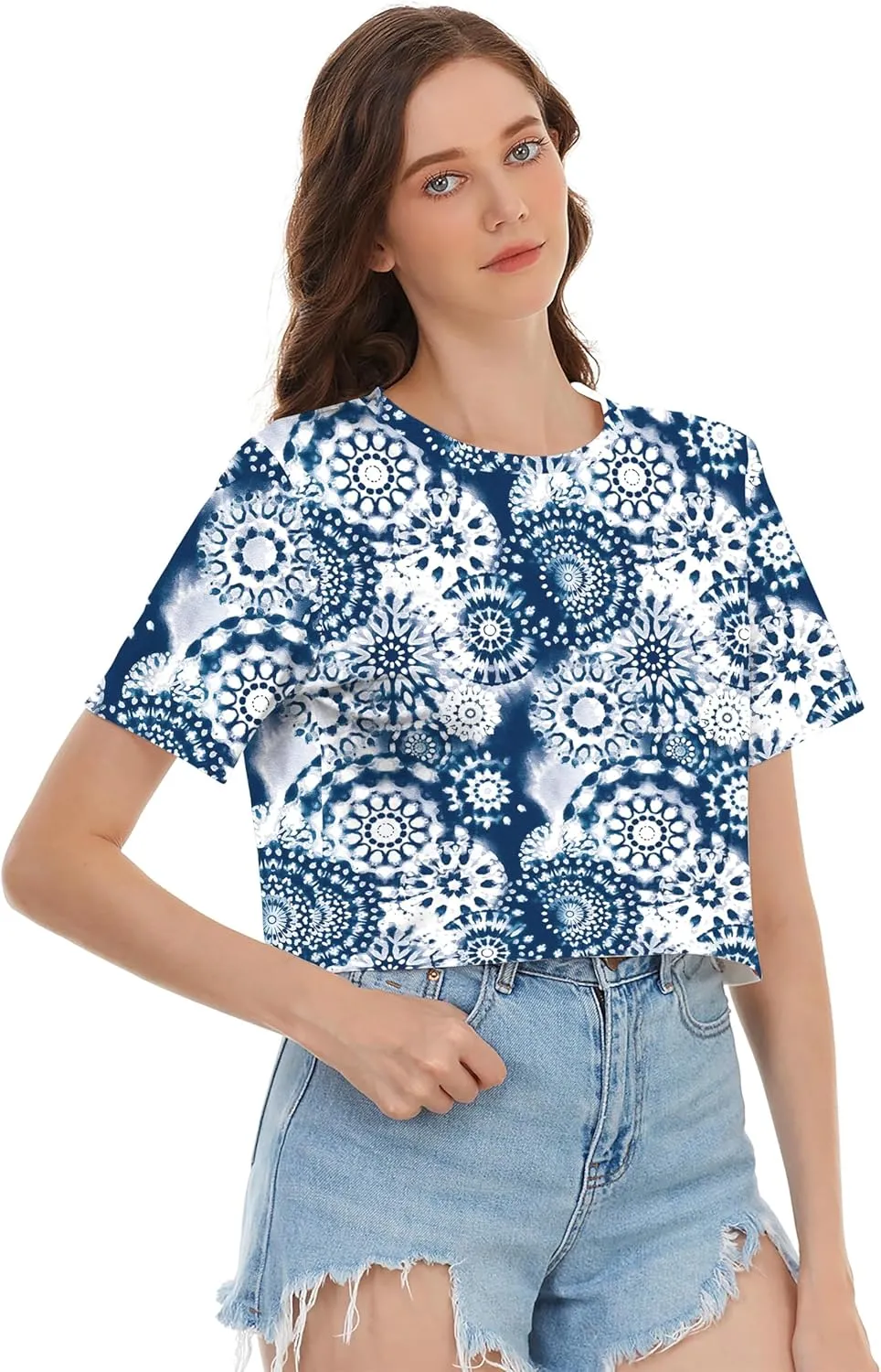 Womens Summer Sexy Crop Tops Oversized Floral Print Graphic Geometric Cropped T Shirts