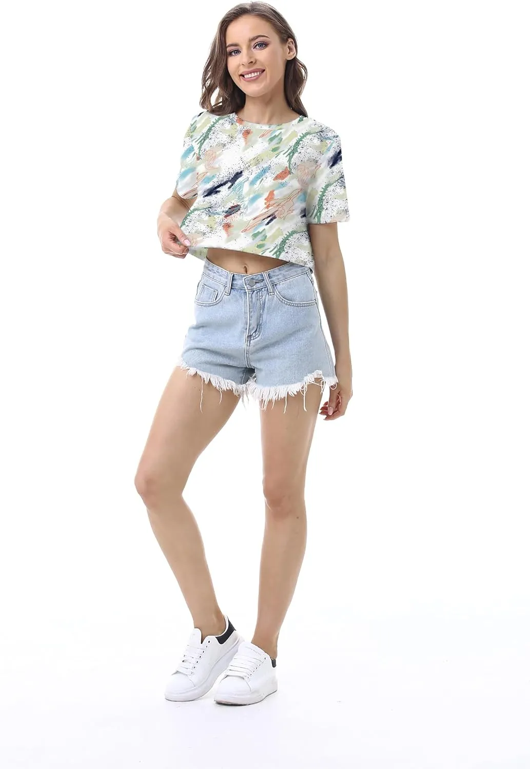 Womens Summer Sexy Crop Tops Oversized Floral Print Graphic Geometric Cropped T Shirts